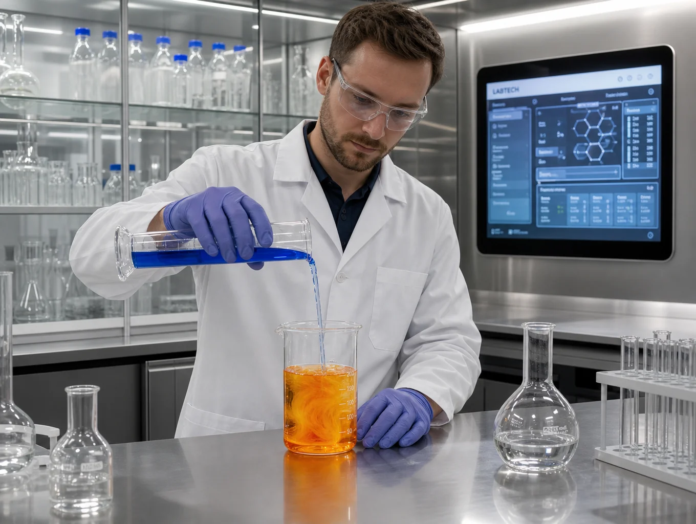 Quality control chemist performing dissolution rate testing on veterinary mineral boluses