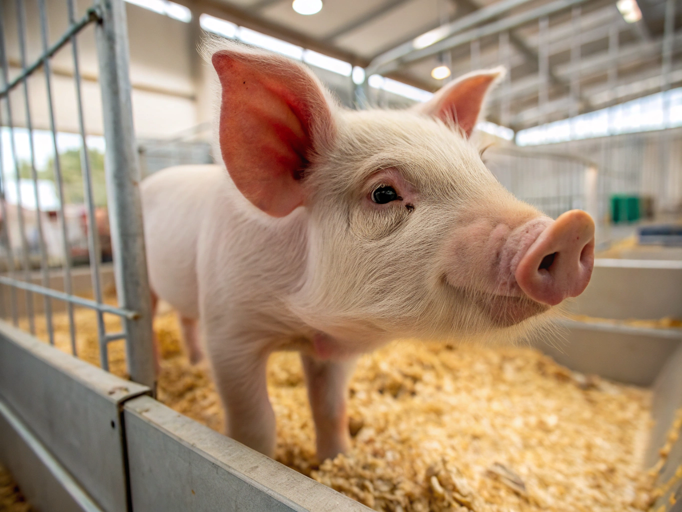 Vigorous young piglets in warm nursery pen