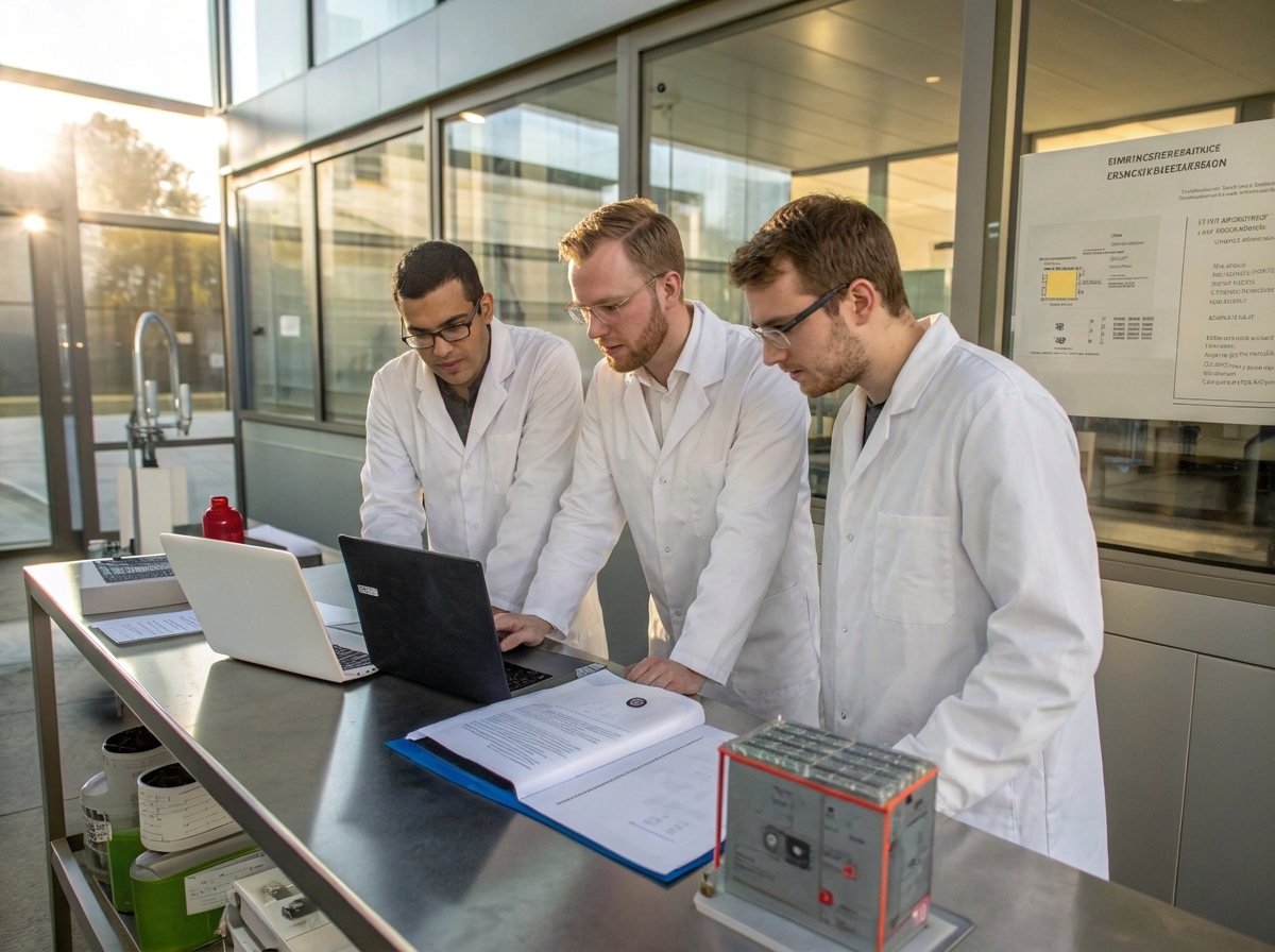 Veterinary specialists, including a Dutch scientist in a white coat, reviewing livestock health trial results around a conference table
