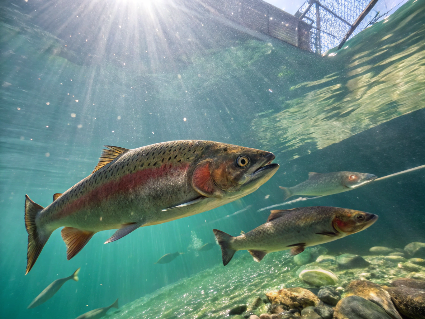 Salmon stock in aquaculture farm during feeding